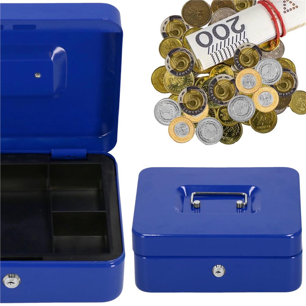 Caseta pentru bani tip cutie de valori, compartimentanta, cu cheie, metal, 25x20x9cm, albastru Household NewTrend