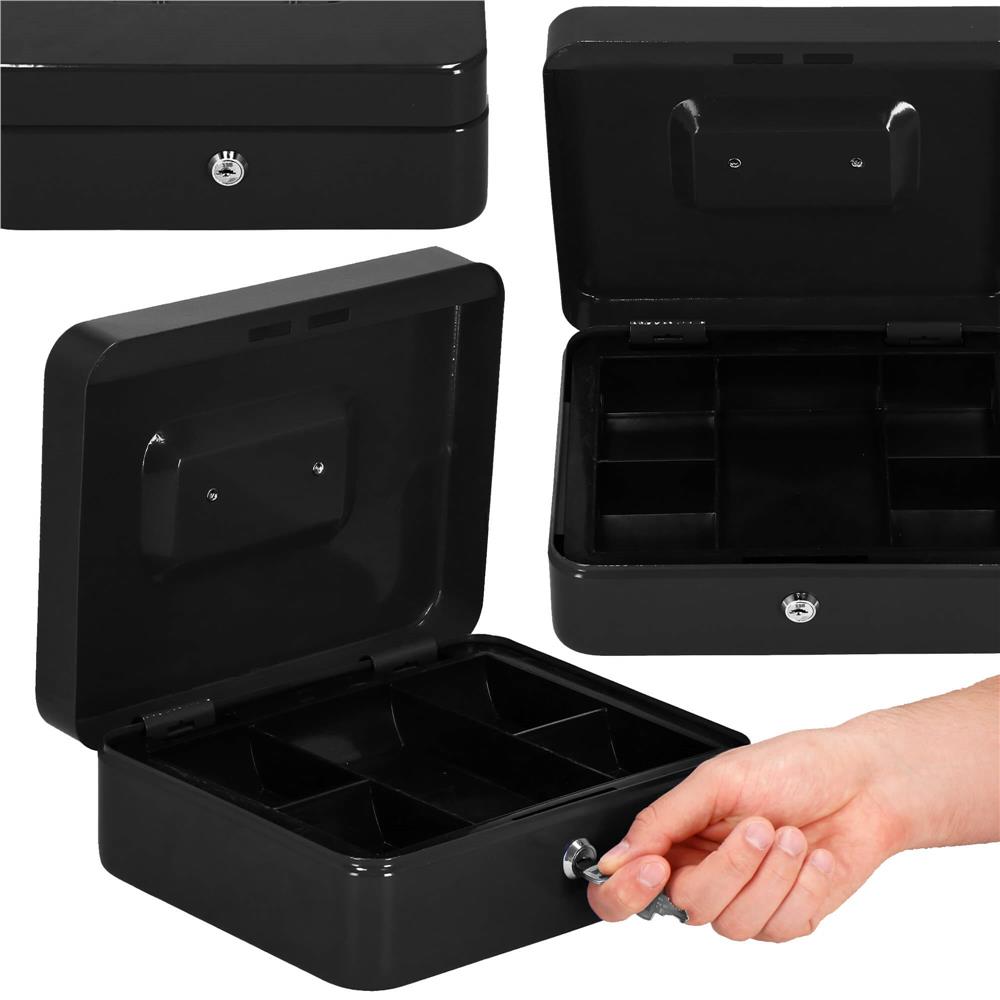 Caseta pentru bani tip cutie de valori, compartimentanta, cu cheie, metal, 25x20x9cm, negru Household NewTrend
