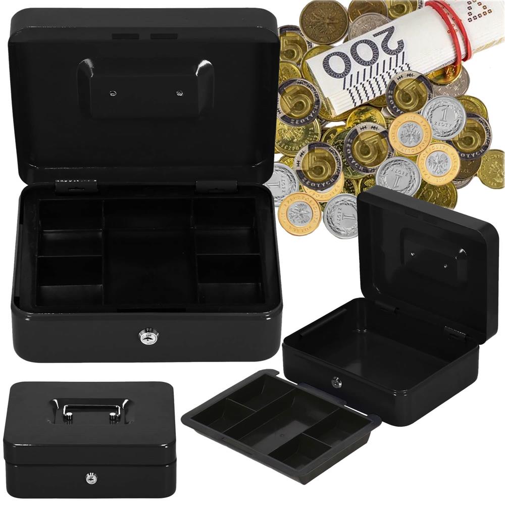 Caseta pentru bani tip cutie de valori, compartimentanta, cu cheie, metal, 25x20x9cm, negru Household NewTrend