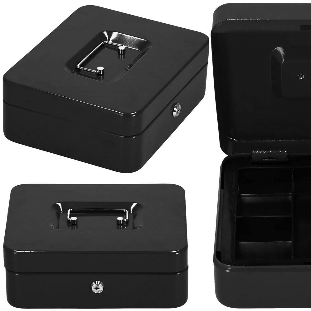 Caseta pentru bani tip cutie de valori, compartimentanta, cu cheie, metal, 25x20x9cm, negru Household NewTrend
