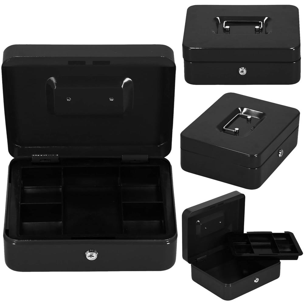 Caseta pentru bani tip cutie de valori, compartimentanta, cu cheie, metal, 25x20x9cm, negru Household NewTrend