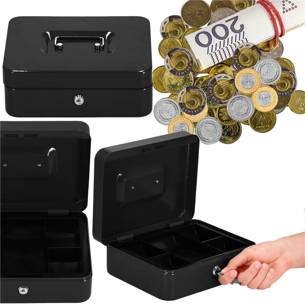 Caseta pentru bani tip cutie de valori, compartimentanta, cu cheie, metal, 25x20x9cm, negru Household NewTrend