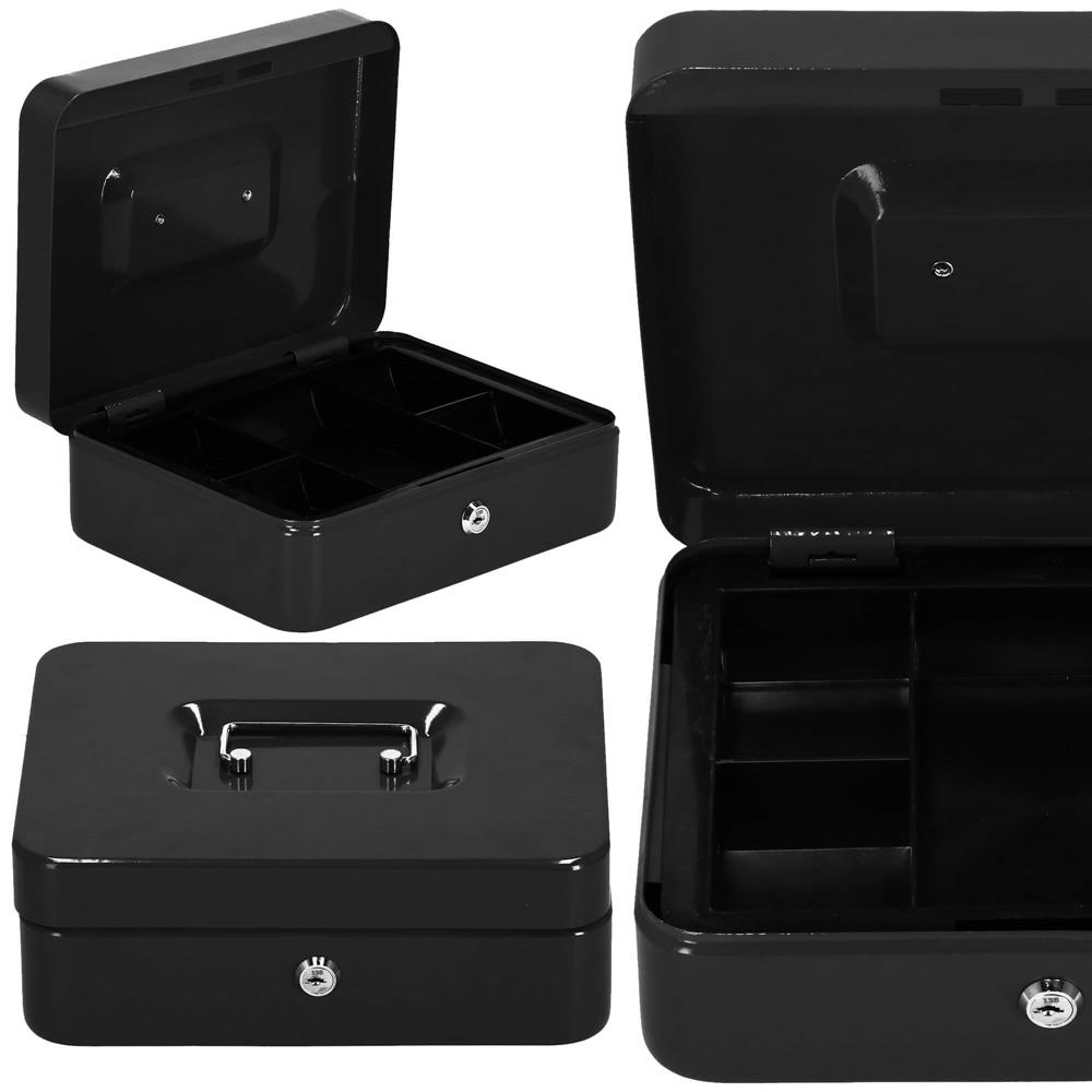 Caseta pentru bani tip cutie de valori, compartimentanta, cu cheie, metal, 25x20x9cm, negru Household NewTrend