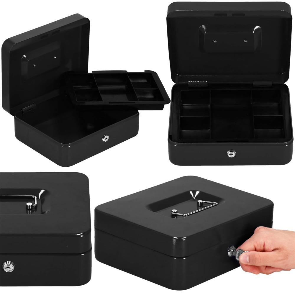 Caseta pentru bani tip cutie de valori, compartimentanta, cu cheie, metal, 25x20x9cm, negru Household NewTrend