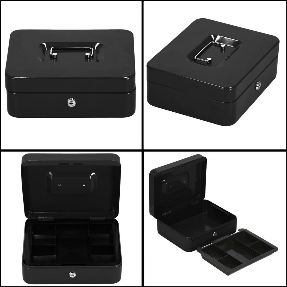 Caseta pentru bani tip cutie de valori, compartimentanta, cu cheie, metal, 25x20x9cm, negru Household NewTrend