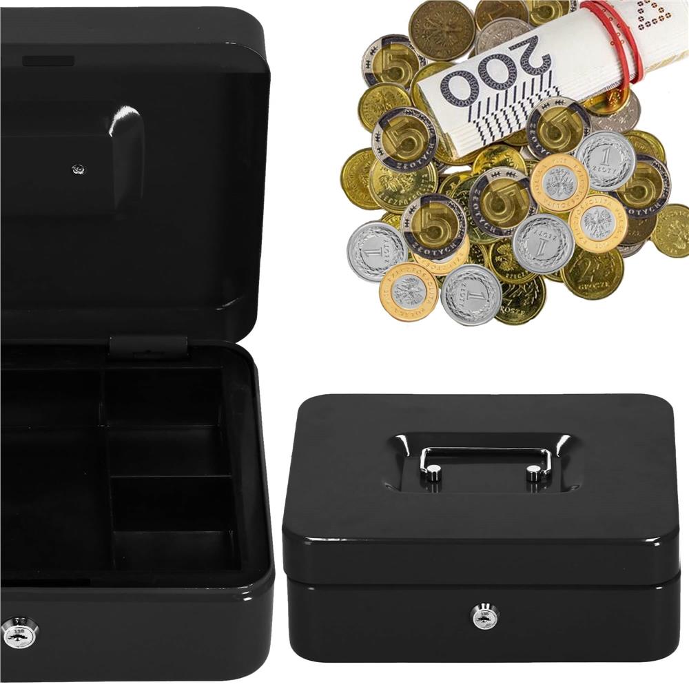 Caseta pentru bani tip cutie de valori, compartimentanta, cu cheie, metal, 25x20x9cm, negru Household NewTrend