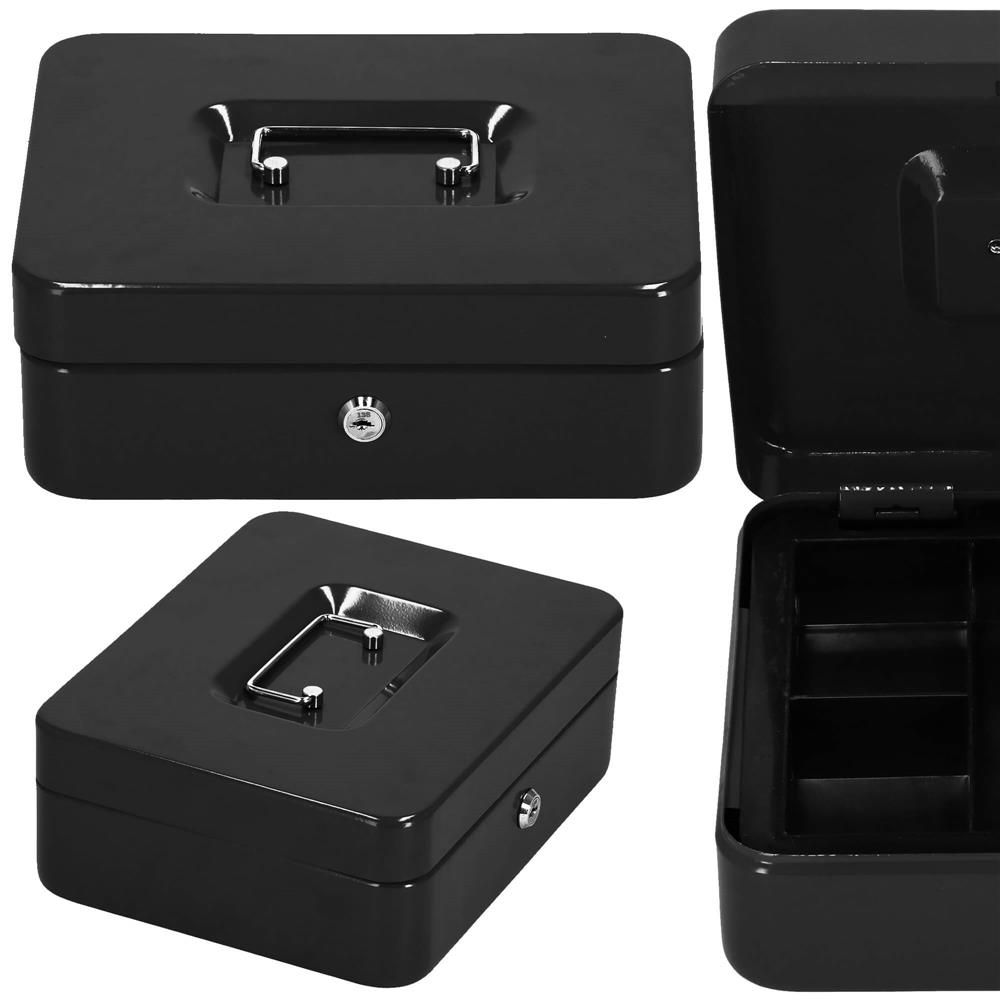 Caseta pentru bani tip cutie de valori, compartimentanta, cu cheie, metal, 25x20x9cm, negru Household NewTrend