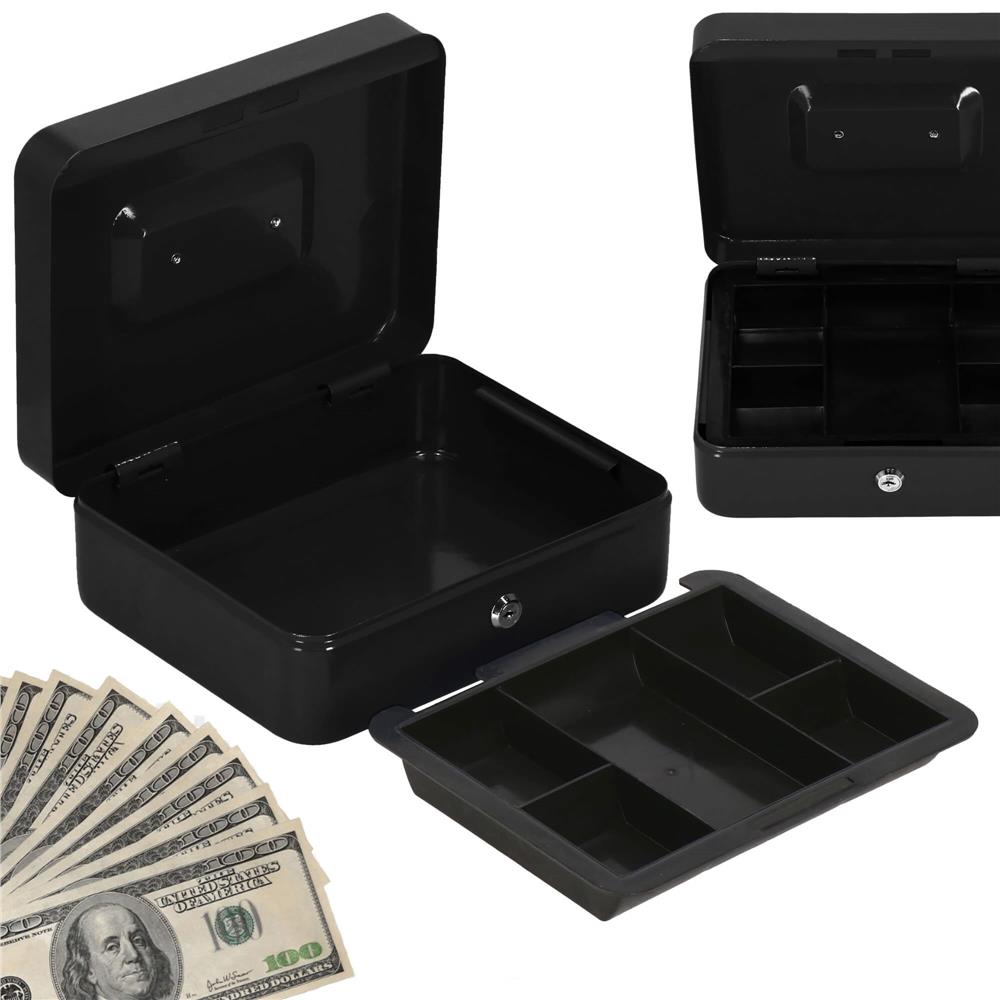 Caseta pentru bani tip cutie de valori, compartimentanta, cu cheie, metal, 25x20x9cm, negru Household NewTrend