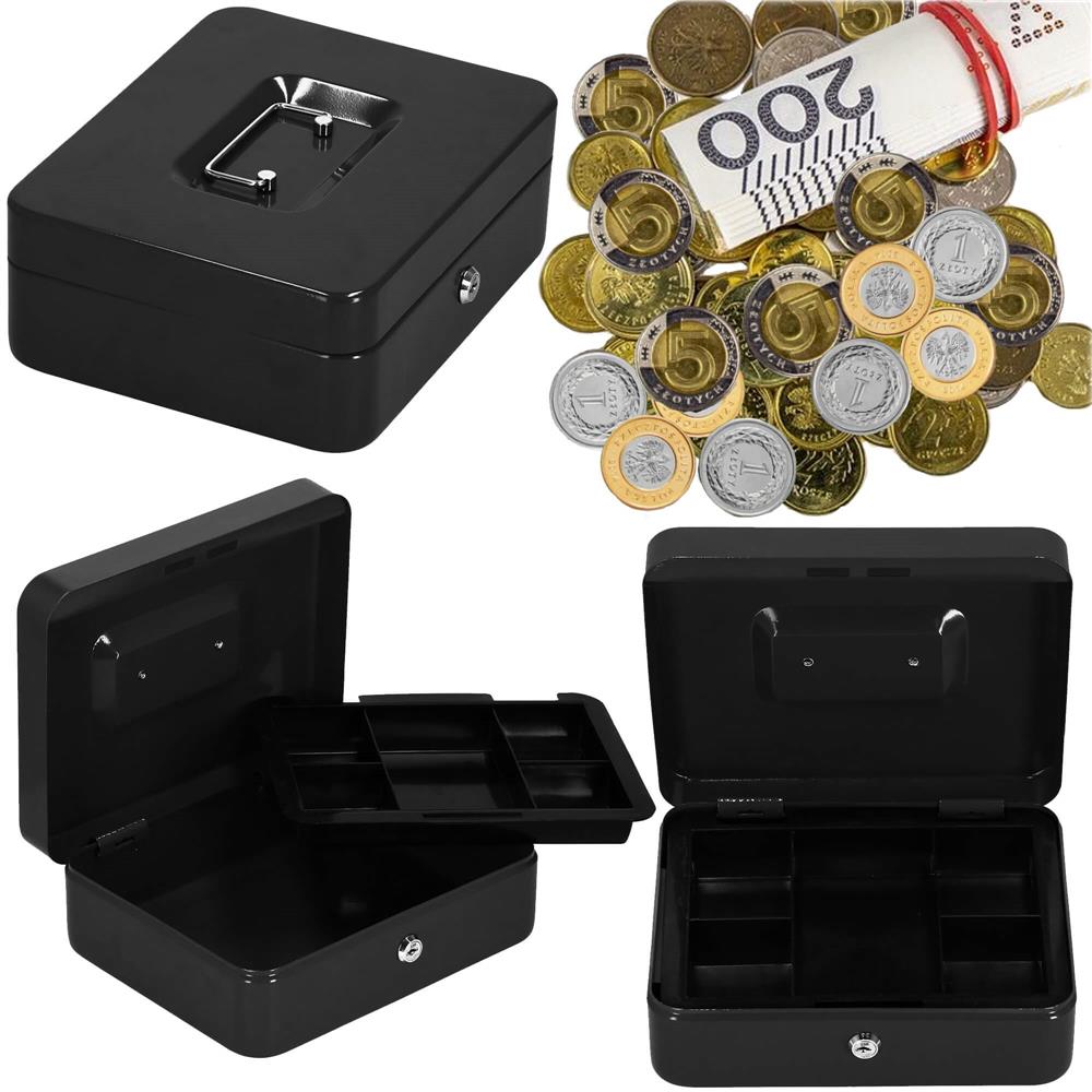 Caseta pentru bani tip cutie de valori, compartimentanta, cu cheie, metal, 25x20x9cm, negru Household NewTrend