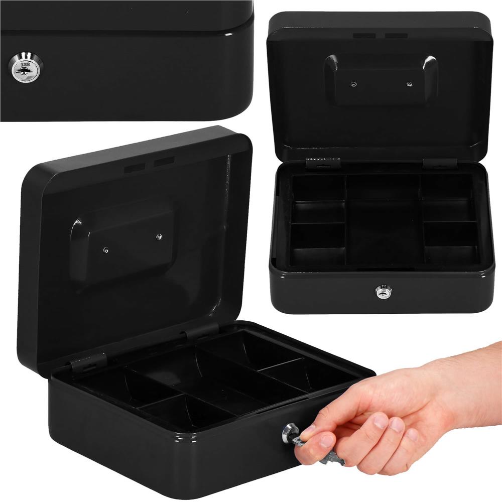 Caseta pentru bani tip cutie de valori, compartimentanta, cu cheie, metal, 25x20x9cm, negru Household NewTrend