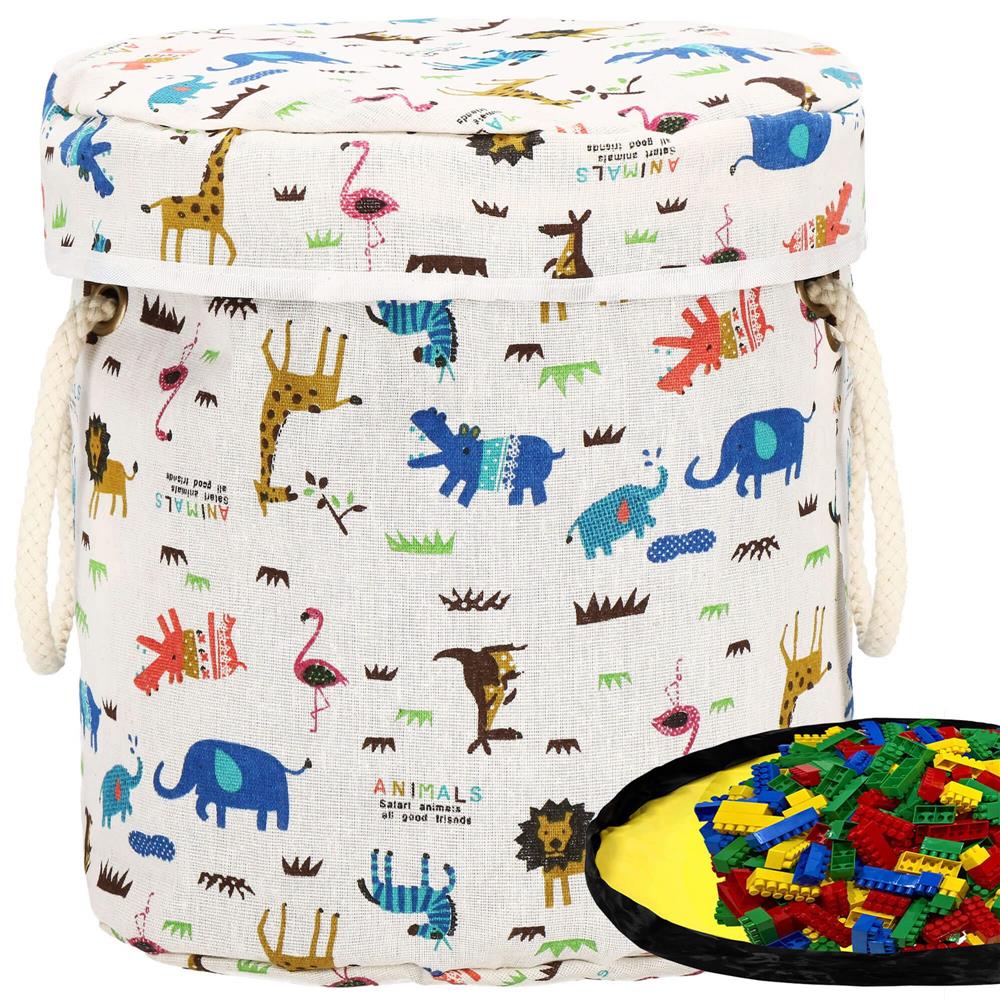 Cos depozitare haine sau jucarii, 30x30 cm, bumbac si in, 27 l, animalute, alb Household NewTrend