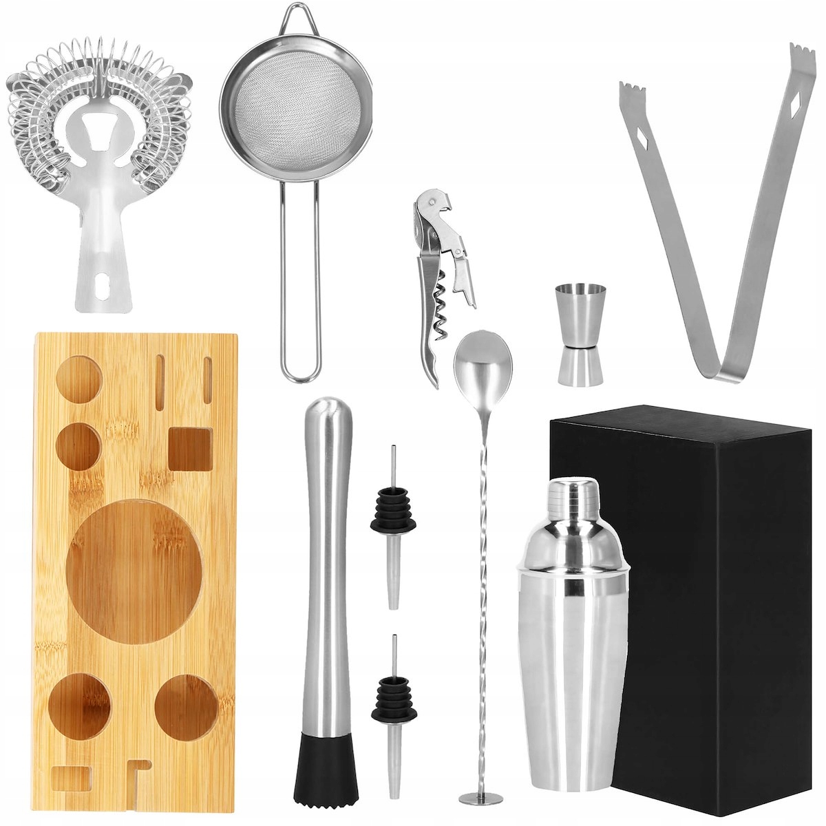 Set Cocktail Shaker Kit pentru barmani 750ml, KI10, suport bambus, 12 piese Household NewTrend