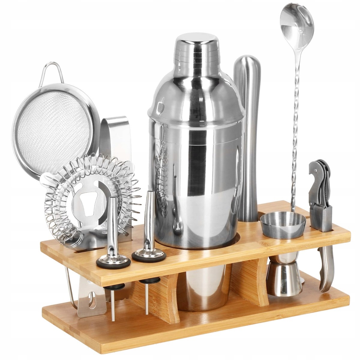 Set Cocktail Shaker Kit pentru barmani 750ml, KI10, suport bambus, 12 piese Household NewTrend
