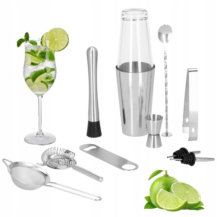 Set Cocktail Shaker Kit pentru barmani 750ml, KI10, suport bambus, 12 piese Household NewTrend