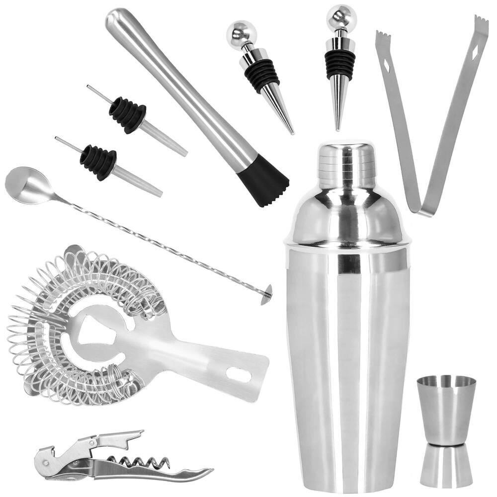 Set Cocktail Shaker Kit pentru barmani 750ml, KI12, suport bambus, 12 piese Household NewTrend