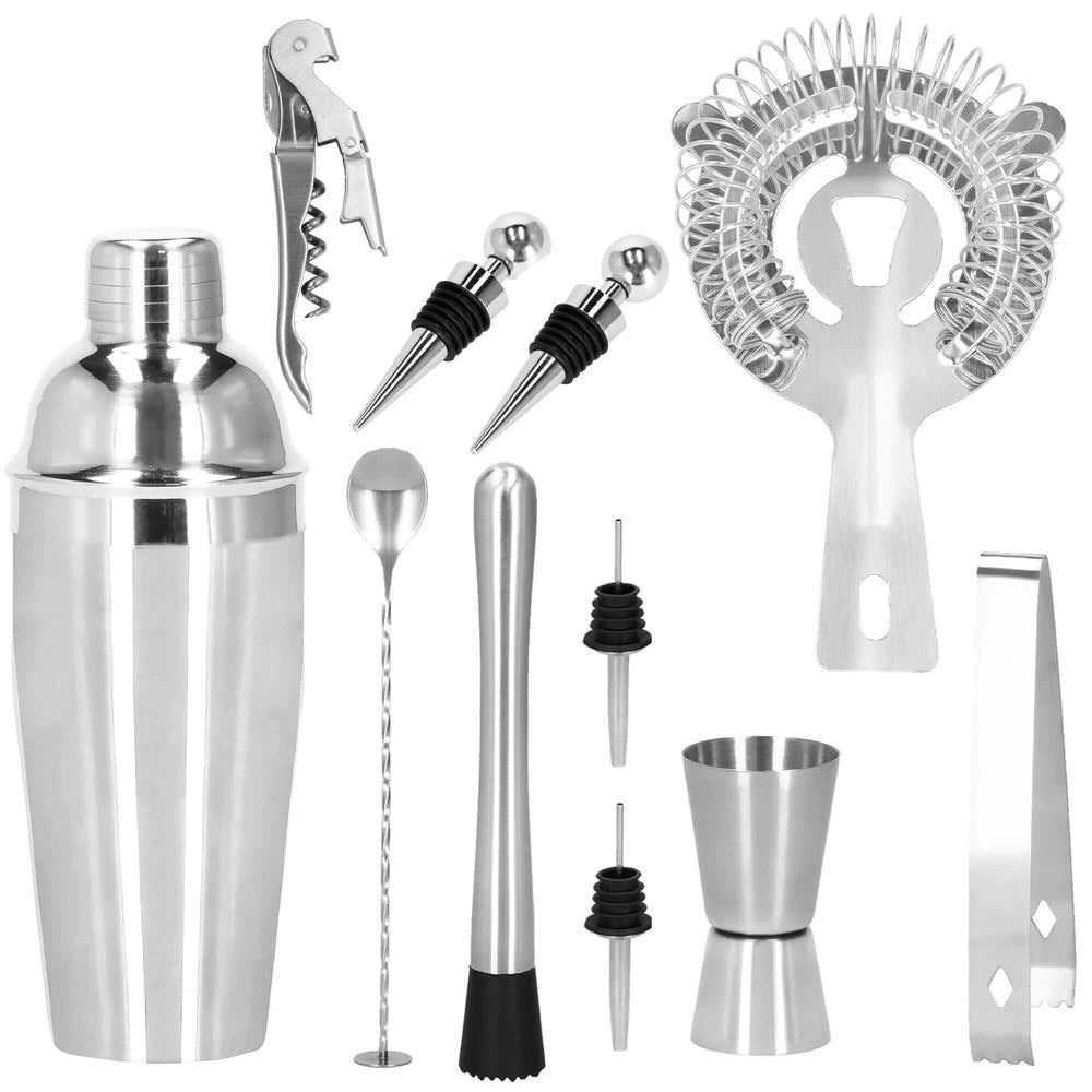 Set Cocktail Shaker Kit pentru barmani 750ml, KI12, suport bambus, 12 piese Household NewTrend