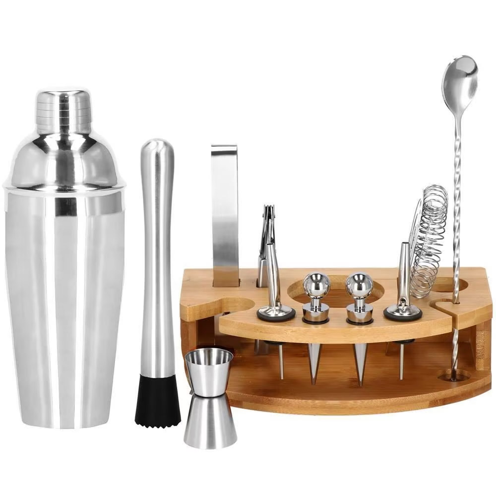 Set Cocktail Shaker Kit pentru barmani 750ml, KI12, suport bambus, 12 piese Household NewTrend