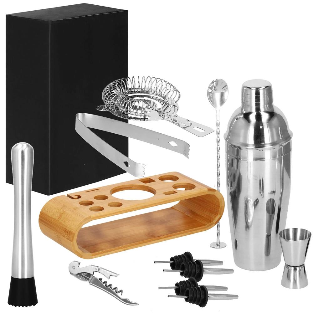 Set Cocktail Shaker Kit pentru barmani 750ml, KI25, suport bambus, 12 piese Household NewTrend