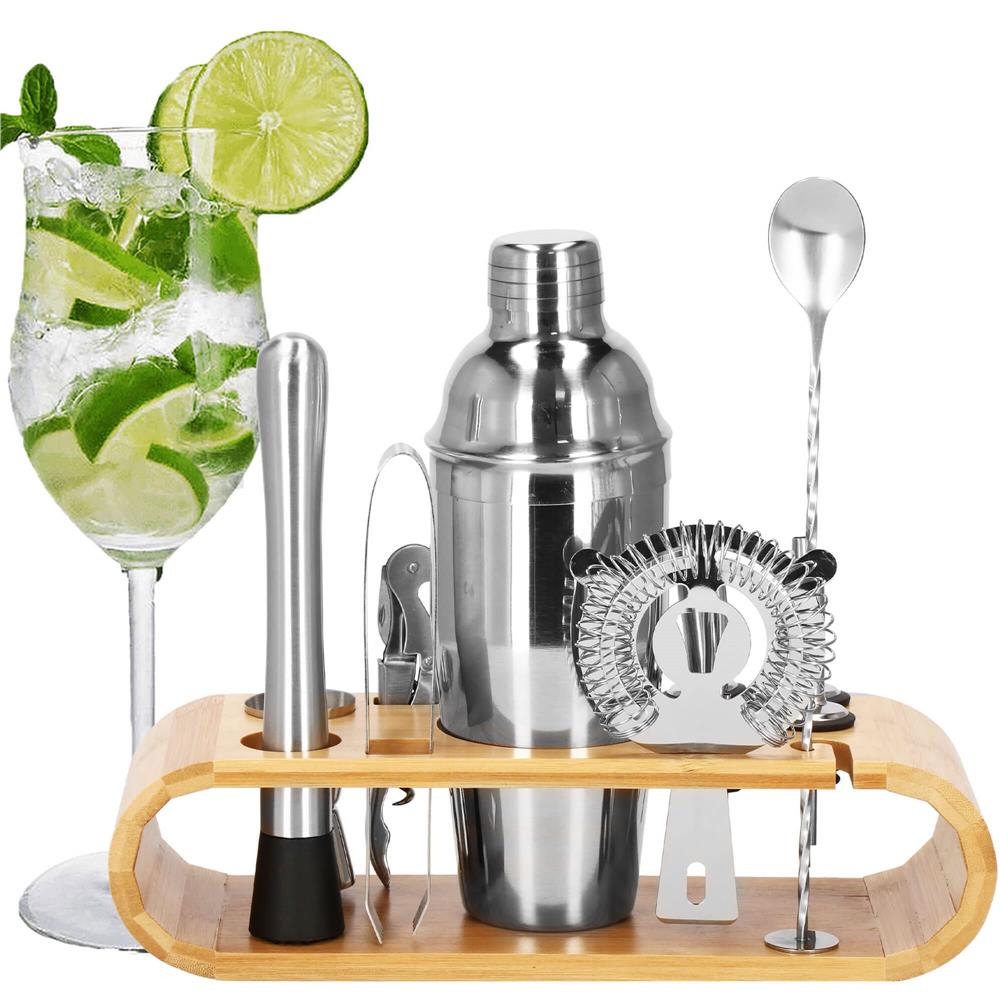 Set Cocktail Shaker Kit pentru barmani 750ml, KI25, suport bambus, 12 piese Household NewTrend