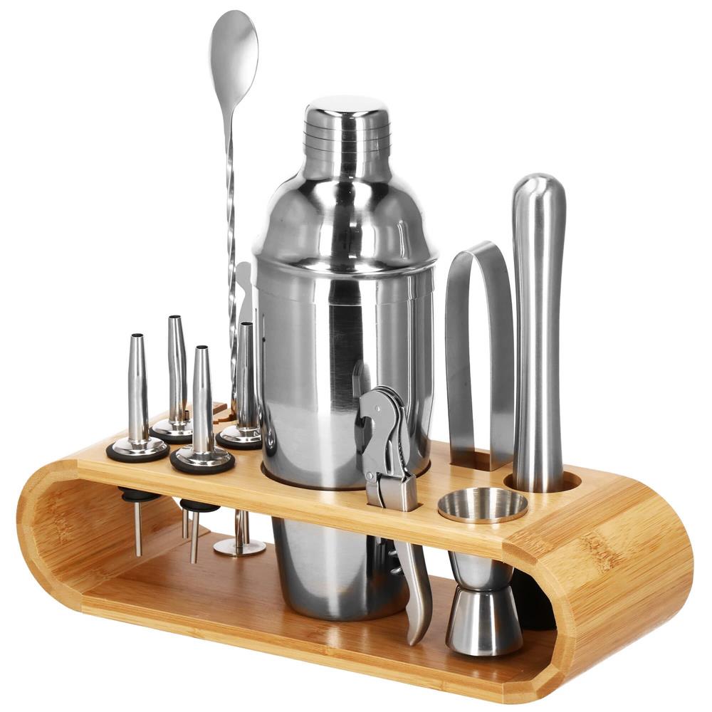 Set Cocktail Shaker Kit pentru barmani 750ml, KI25, suport bambus, 12 piese Household NewTrend