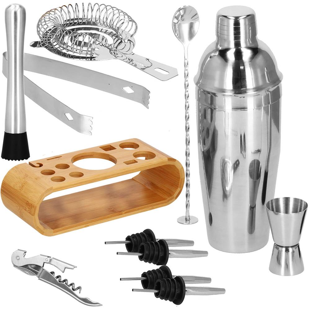 Set Cocktail Shaker Kit pentru barmani 750ml, KI25, suport bambus, 12 piese Household NewTrend