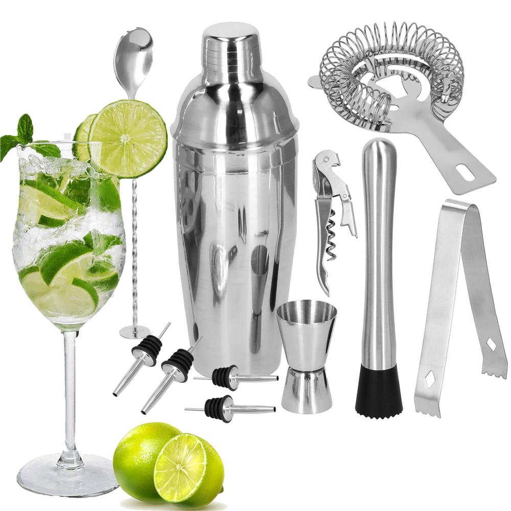Set Cocktail Shaker Kit pentru barmani 750ml, KI25, suport bambus, 12 piese Household NewTrend