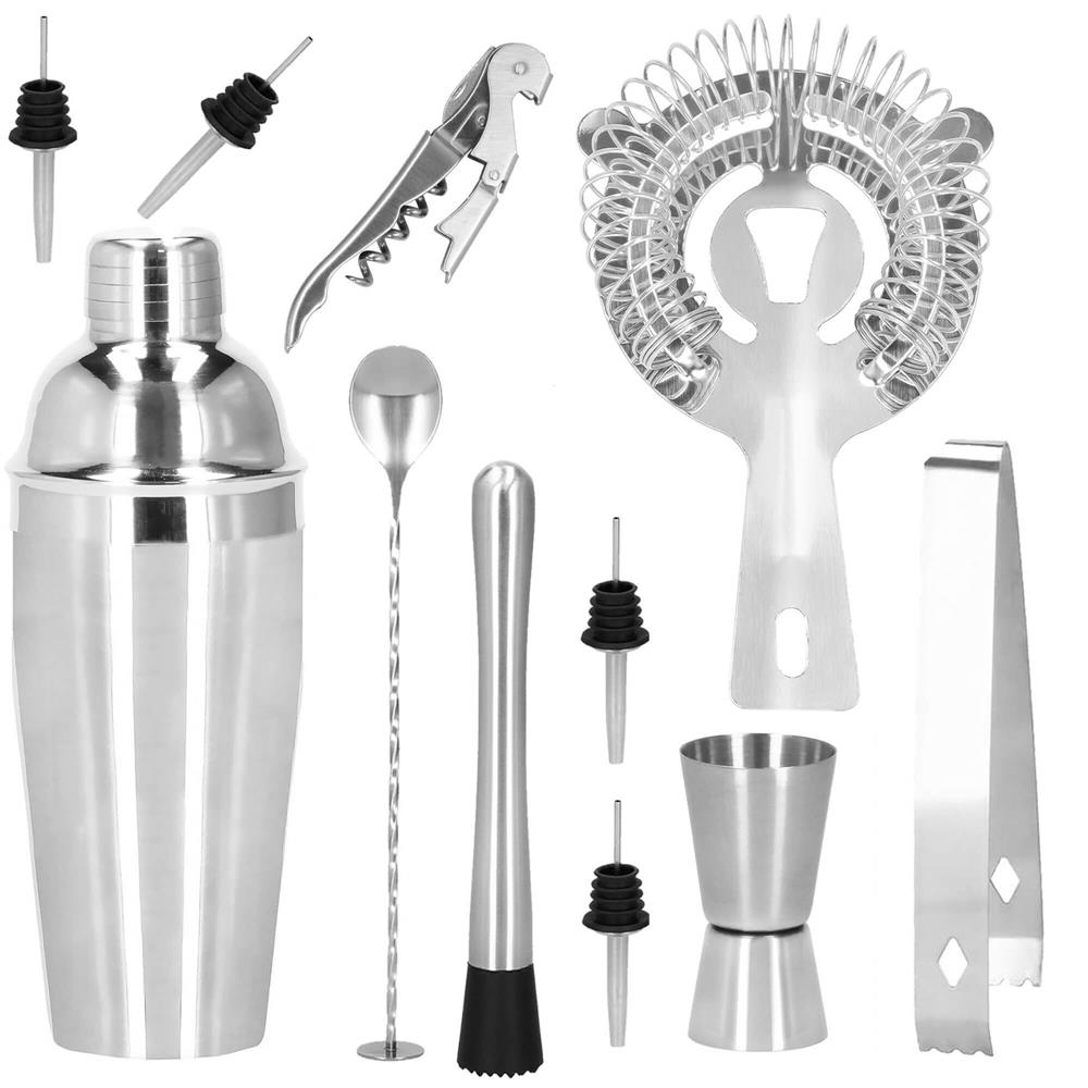 Set Cocktail Shaker Kit pentru barmani 750ml, KI25, suport bambus, 12 piese Household NewTrend