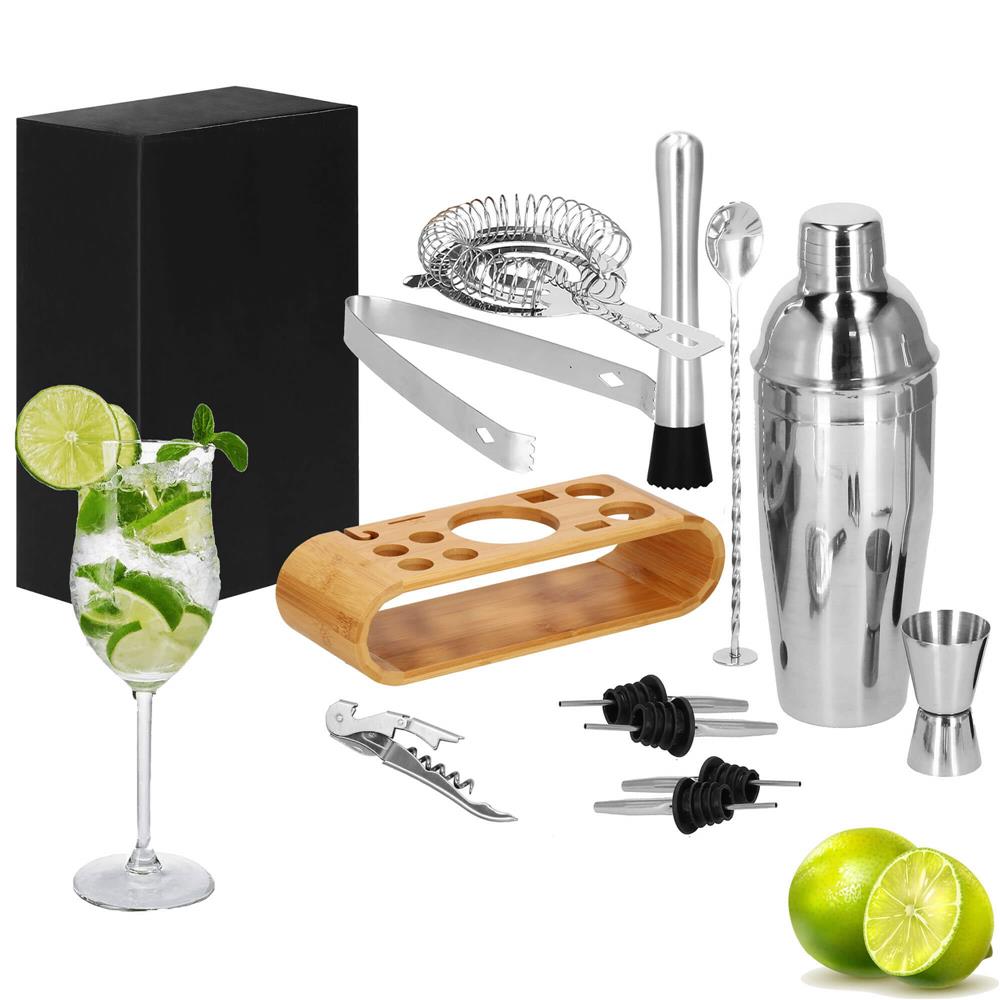 Set Cocktail Shaker Kit pentru barmani 750ml, KI25, suport bambus, 12 piese Household NewTrend