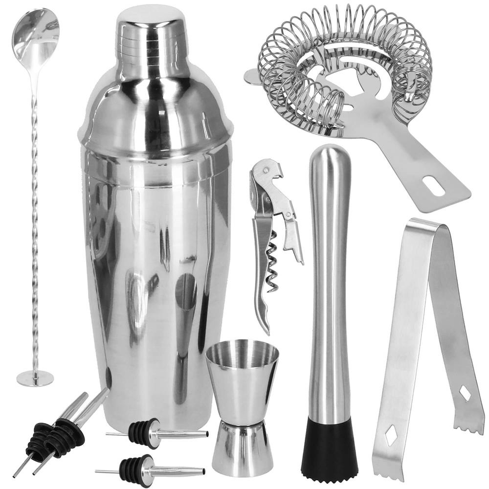 Set Cocktail Shaker Kit pentru barmani 750ml, KI25, suport bambus, 12 piese Household NewTrend