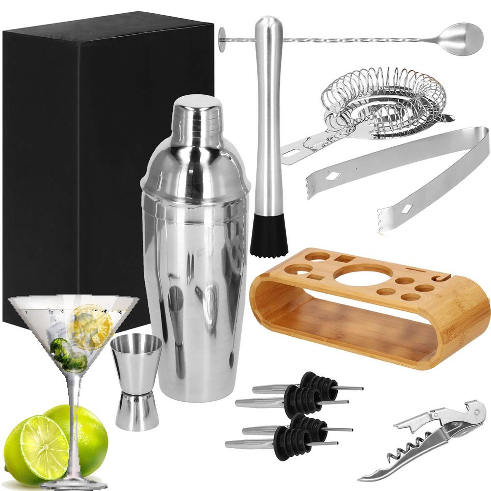 Set Cocktail Shaker Kit pentru barmani 750ml, KI25, suport bambus, 12 piese Household NewTrend