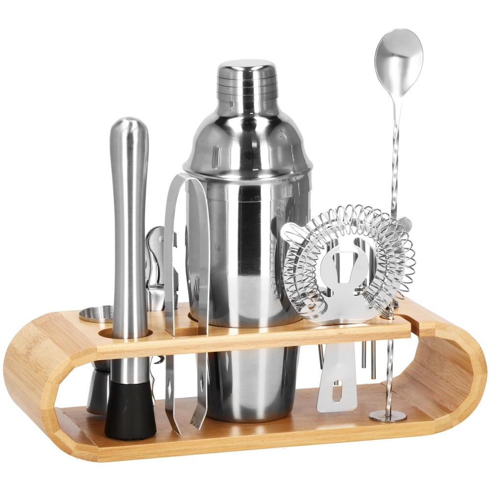 Set Cocktail Shaker Kit pentru barmani 750ml, KI25, suport bambus, 12 piese Household NewTrend