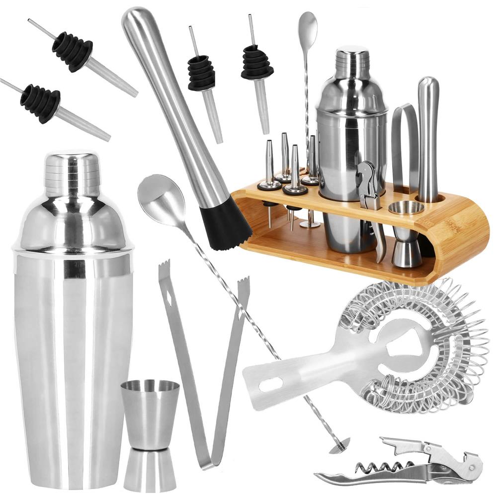 Set Cocktail Shaker Kit pentru barmani 750ml, KI25, suport bambus, 12 piese Household NewTrend