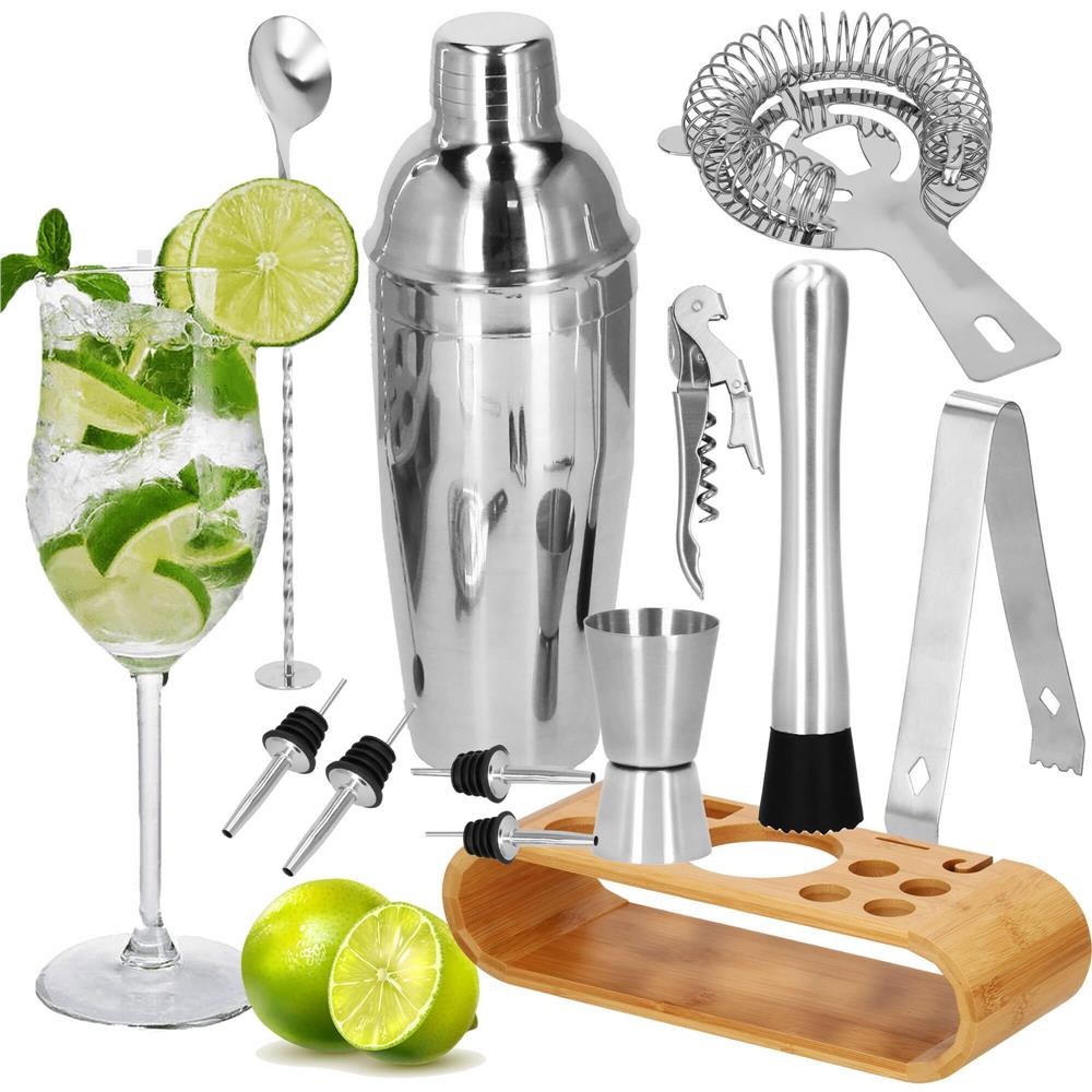 Set Cocktail Shaker Kit pentru barmani 750ml, KI25, suport bambus, 12 piese Household NewTrend