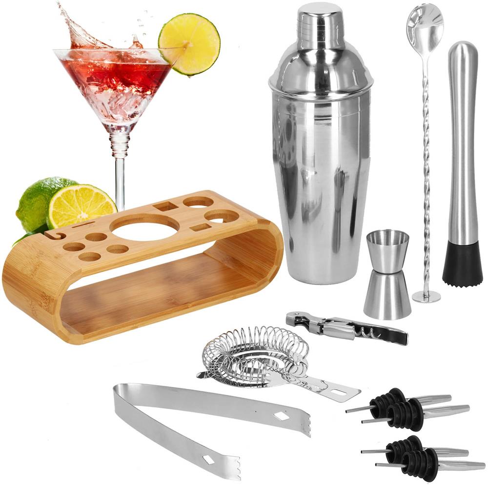 Set Cocktail Shaker Kit pentru barmani 750ml, KI25, suport bambus, 12 piese Household NewTrend
