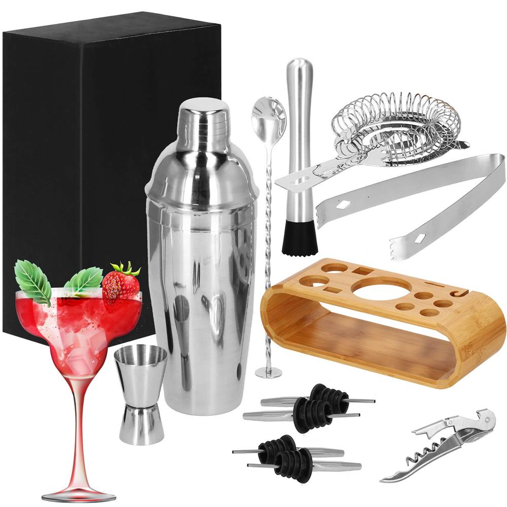 Set Cocktail Shaker Kit pentru barmani 750ml, KI25, suport bambus, 12 piese Household NewTrend