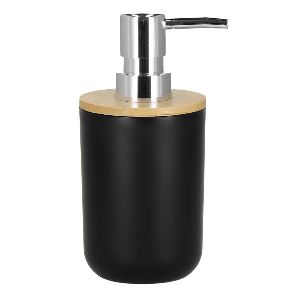 Set de accesorii rotunde pentru baie din plastic cu elemente bambus, 6 piese, negru Household NewTrend
