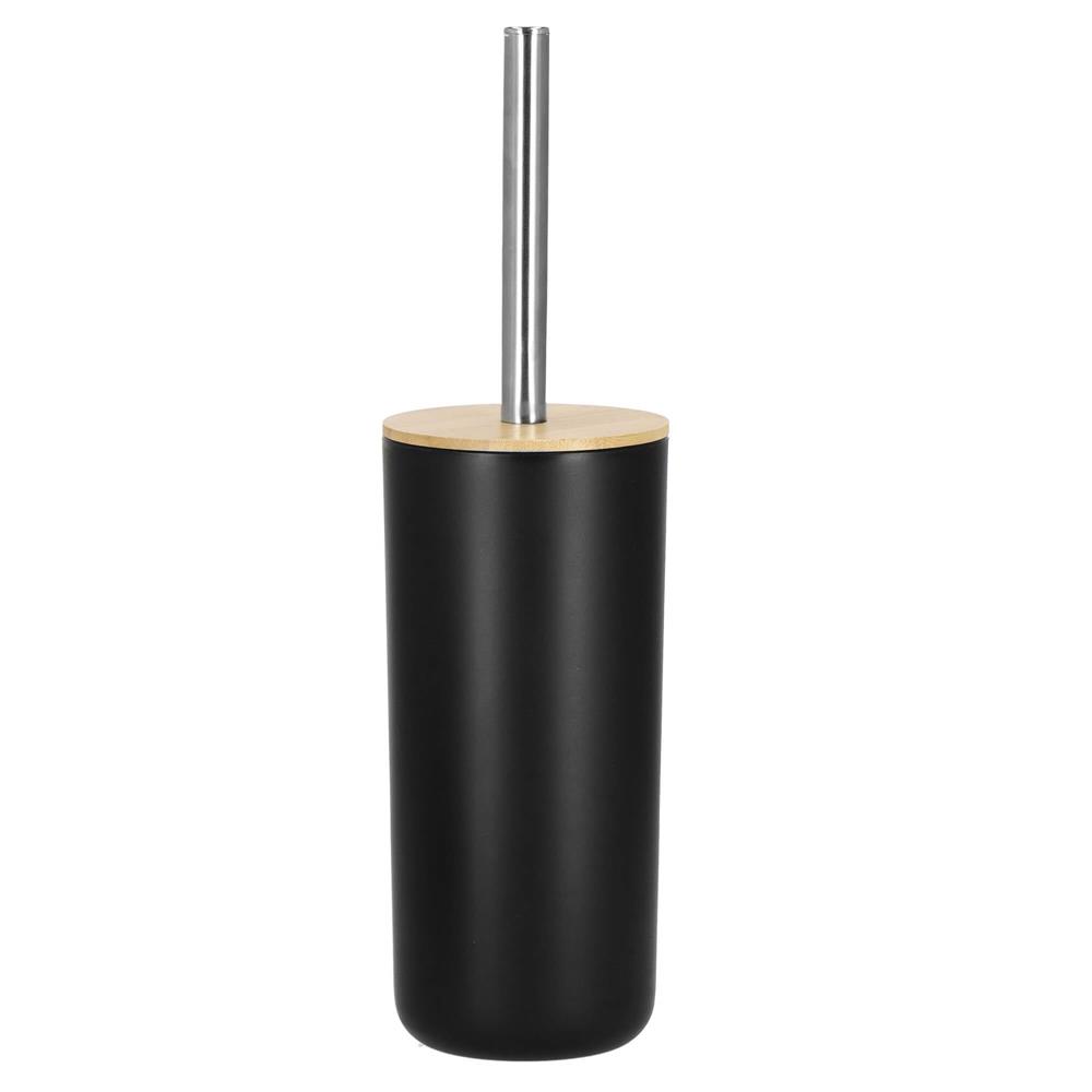 Set de accesorii rotunde pentru baie din plastic cu elemente bambus, 6 piese, negru Household NewTrend