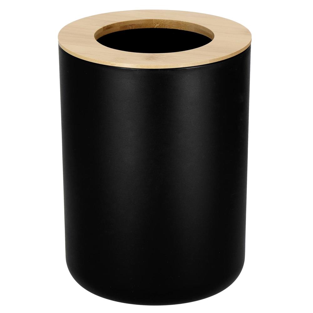Set de accesorii rotunde pentru baie din plastic cu elemente bambus, 6 piese, negru Household NewTrend