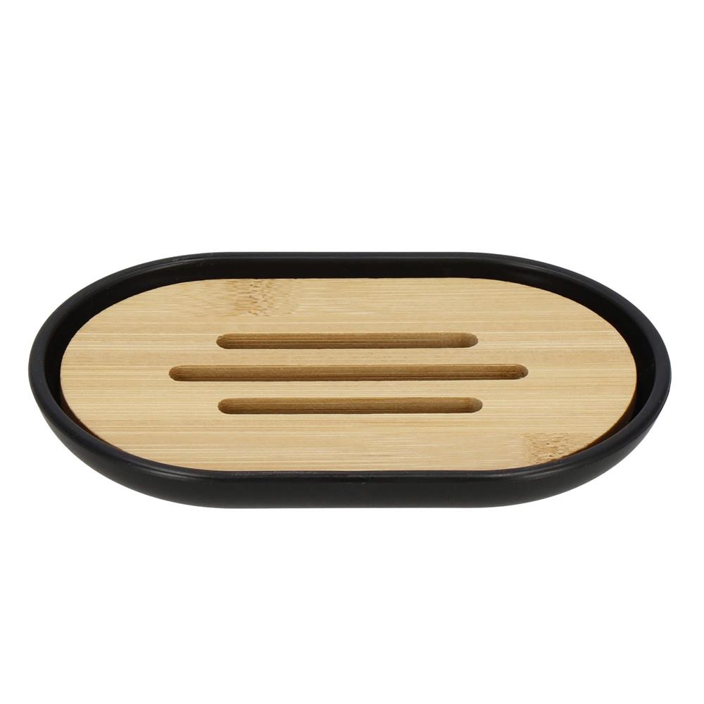Set de accesorii rotunde pentru baie din plastic cu elemente bambus, 6 piese, negru Household NewTrend