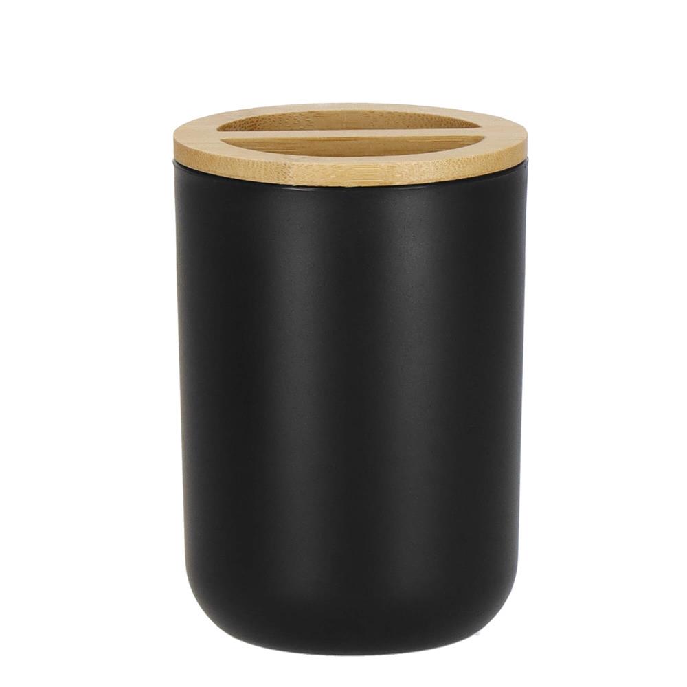 Set de accesorii rotunde pentru baie din plastic cu elemente bambus, 6 piese, negru Household NewTrend