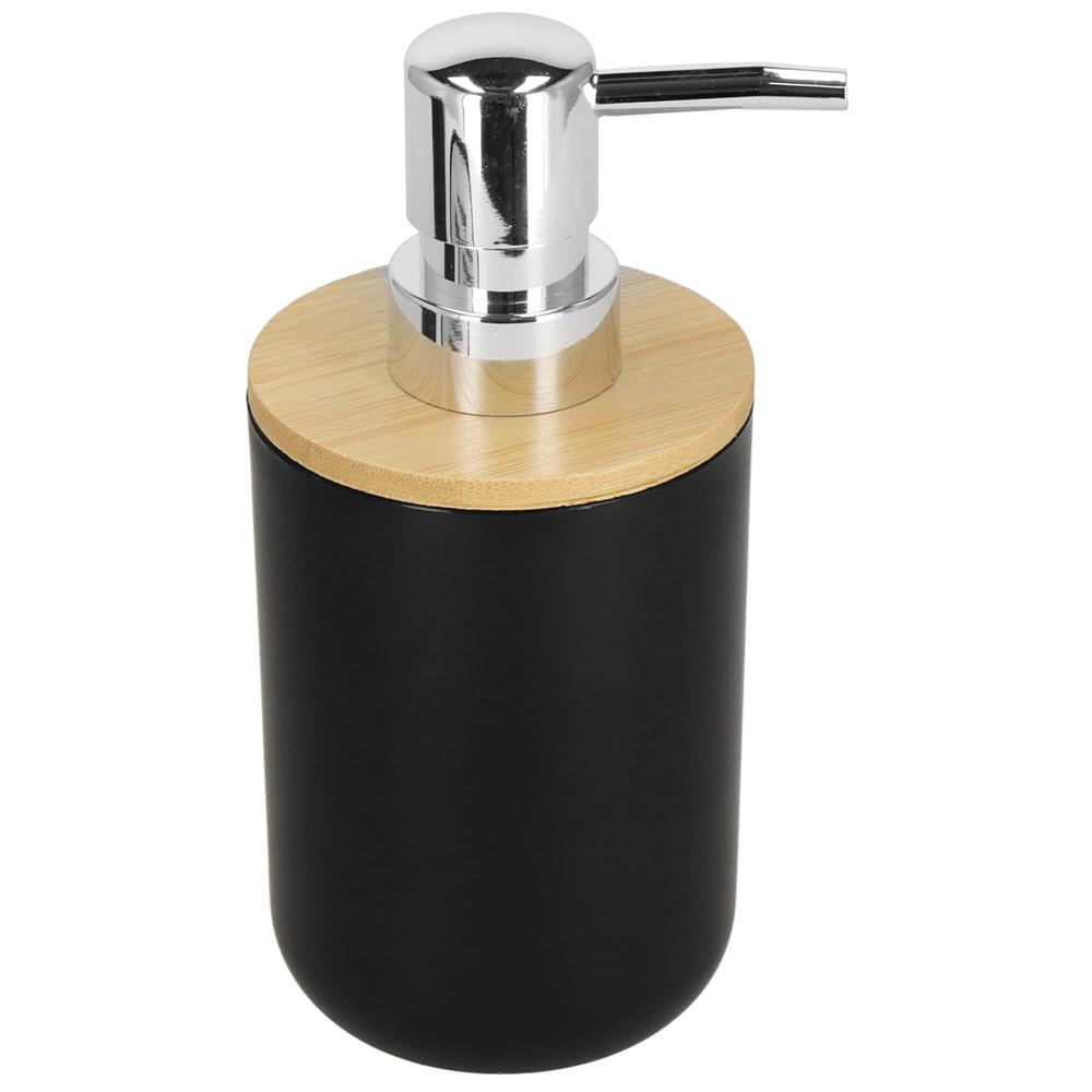 Set de accesorii rotunde pentru baie din plastic cu elemente bambus, 6 piese, negru Household NewTrend