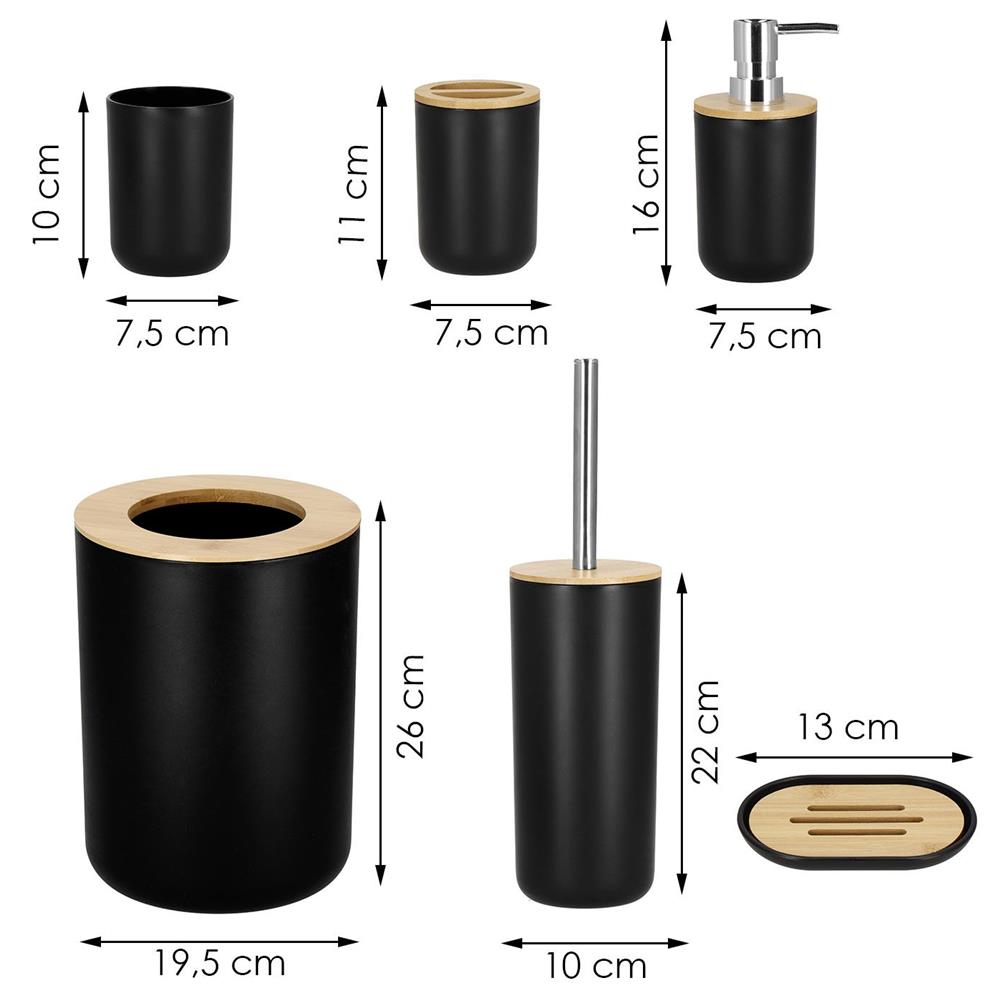 Set de accesorii rotunde pentru baie din plastic cu elemente bambus, 6 piese, negru Household NewTrend
