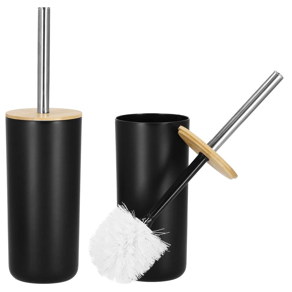 Set de accesorii rotunde pentru baie din plastic cu elemente bambus, 6 piese, negru Household NewTrend