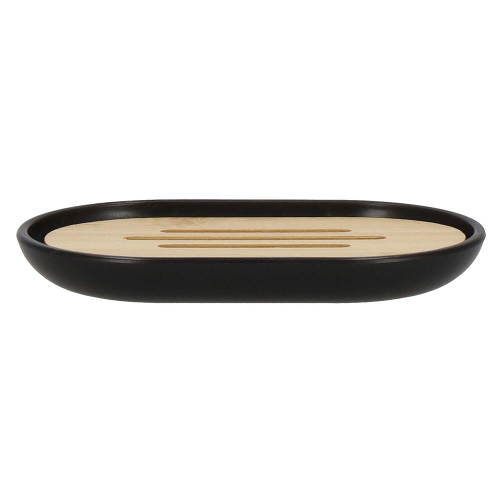 Set de accesorii rotunde pentru baie din plastic cu elemente bambus, 6 piese, negru Household NewTrend