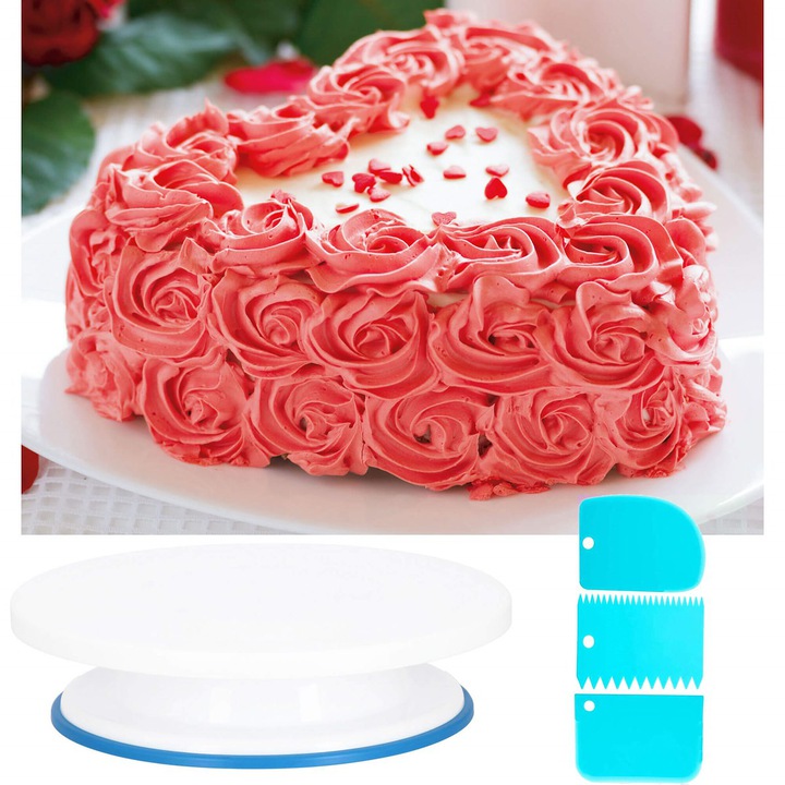 Set patiserie cu platou rotativ, 106 piese cu sabloane pentru ornarea prajiturilor Household NewTrend