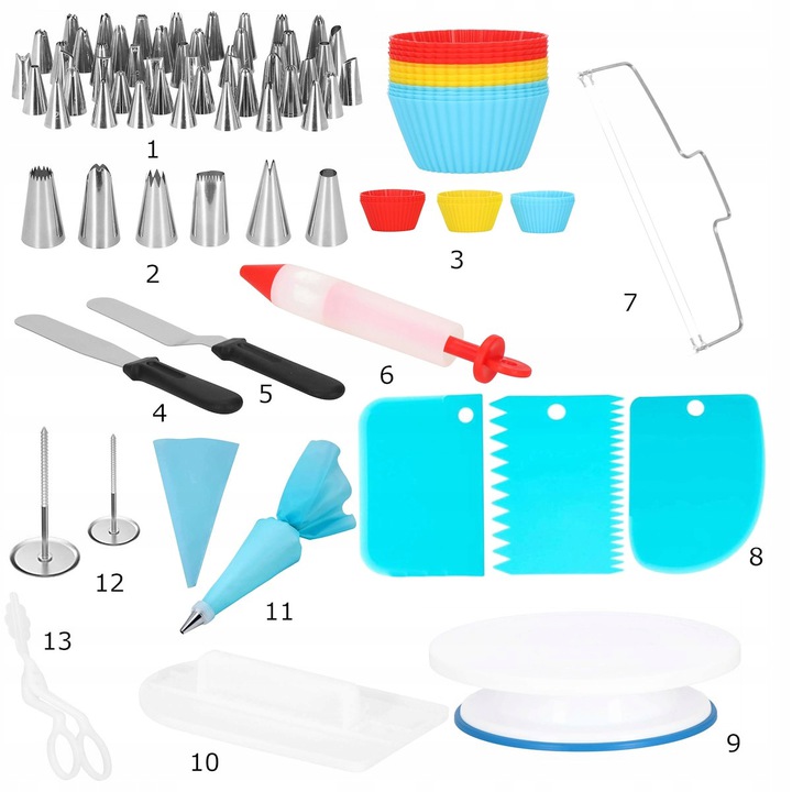Set patiserie cu platou rotativ, 106 piese cu sabloane pentru ornarea prajiturilor Household NewTrend