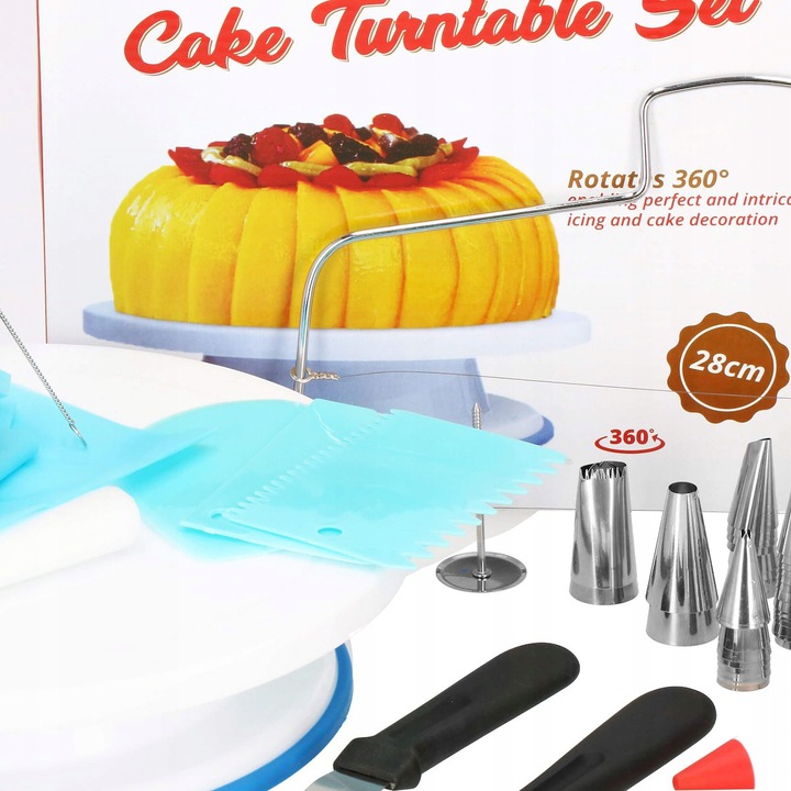 Set patiserie cu platou rotativ, 106 piese cu sabloane pentru ornarea prajiturilor Household NewTrend