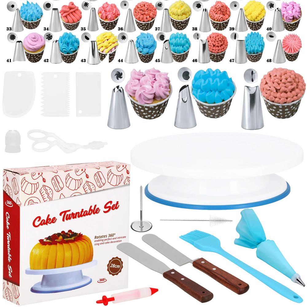 Set patiserie cu platou rotativ, 37 piese cu sabloane pentru ornarea prajiturilor Household NewTrend