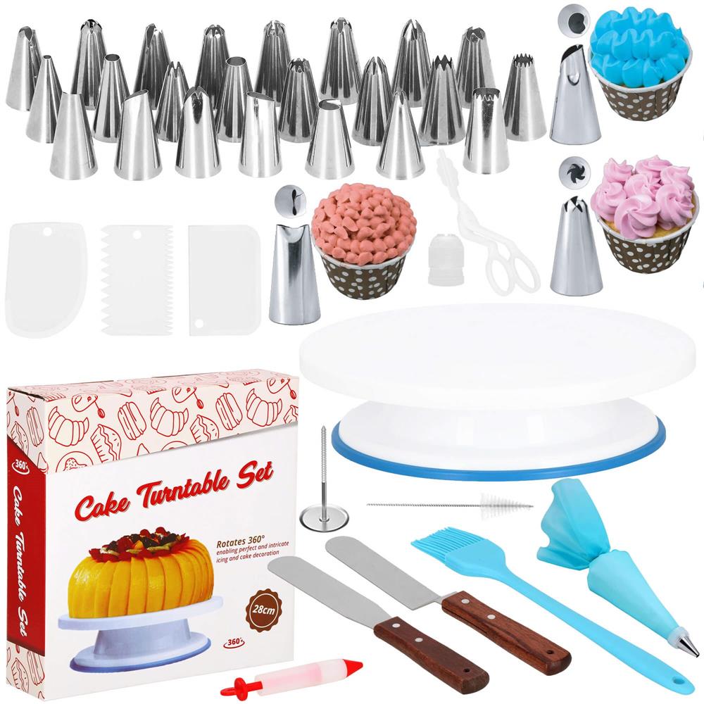 Set patiserie cu platou rotativ, 37 piese cu sabloane pentru ornarea prajiturilor Household NewTrend