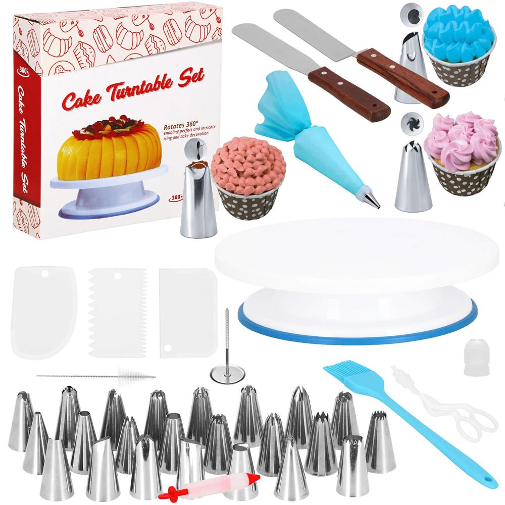 Set patiserie cu platou rotativ, 37 piese cu sabloane pentru ornarea prajiturilor Household NewTrend